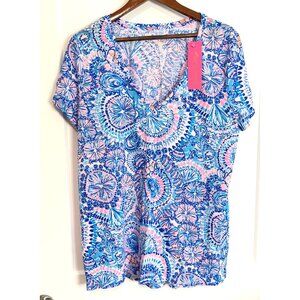 Lilly Pulitzer Etta V-Neck Top Women's XL Blue Grotto Commotion in the Ocean NWT